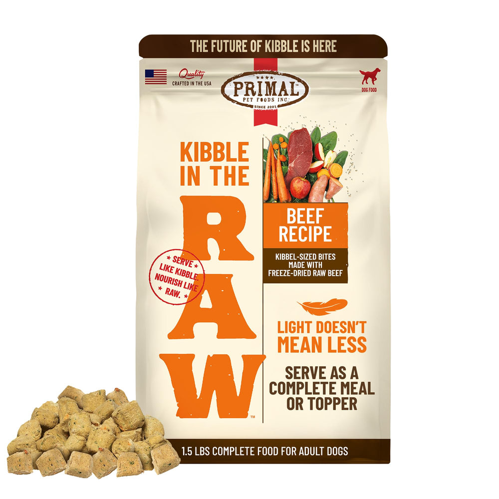 Primal Pet Foods kibble-in-the-raw beef bag showing convenient freeze-dried nutrition.