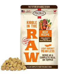 Primal Pet Foods kibble-in-the-raw beef bag showing convenient freeze-dried nutrition.