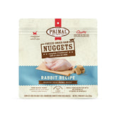 Primal Pet Foods rabbit nuggets packaging shows shelf-stable raw nutrition for convenient feeding.