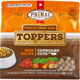 Primal Pet Foods toppers beef, protein-rich meal enhancer for dogs and cats.