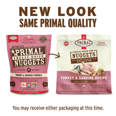 Primal Pet Foods nuggets served in a bowl highlight grain-free, protein-rich option for dogs.