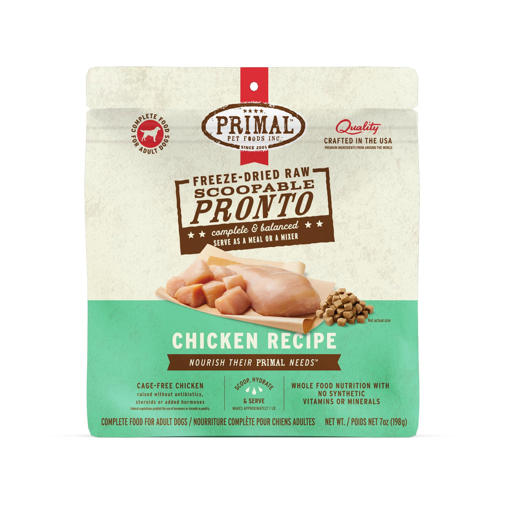 Primal Pronto Mini Nuggets Chicken bag closeup — grain-free, high-protein raw nutrition