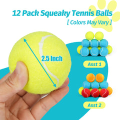 Prime Pets Squeaky Dog Tennis Balls close-up shows natural rubber core for durable outdoor play.