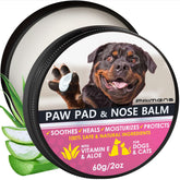 Primens Dog Paw Balm jar closeup showcases lick-safe, soothing protection for paws.