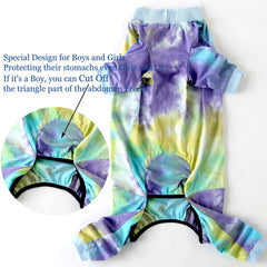 PriPre dog pajamas blue tie-dye top view emphasizes soft, stretchy fabric