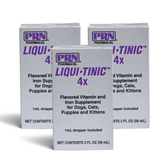 PRN Pharmacal Liqui-Tinic 4X bottle front promoting pet daily nutrition with iron and vitamins.