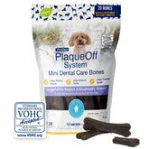 ProDen PlaqueOff Mini Dental Bones bag view shows crunchy texture for daily dental care.