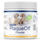ProDen PlaqueOff powder tub closeup showing seaweed-based dental support for pets.