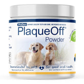 ProDen PlaqueOff powder tub showing natural seaweed formula for pet dental care.