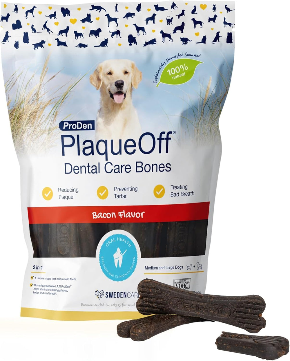 ProDen PlaqueOff System packaging highlights bacon-flavored bones that support canine oral hygiene.