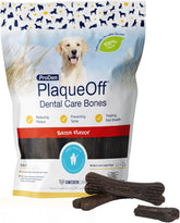 ProDen PlaqueOff System packaging highlights bacon-flavored bones that support canine oral hygiene.