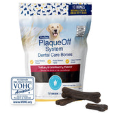 ProDen PlaqueOff system bones packaging turkey cranberry flavor for daily dog dental care.