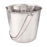 ProSelect flat-sided pail hanging on a fence demonstrates spill-free feeding.