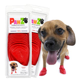 Protex PawZ small red dog boots with anti-slip traction on floor.
