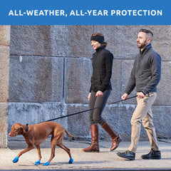 Protex PawZ waterproof dog boots during outdoor adventure on muddy trail.