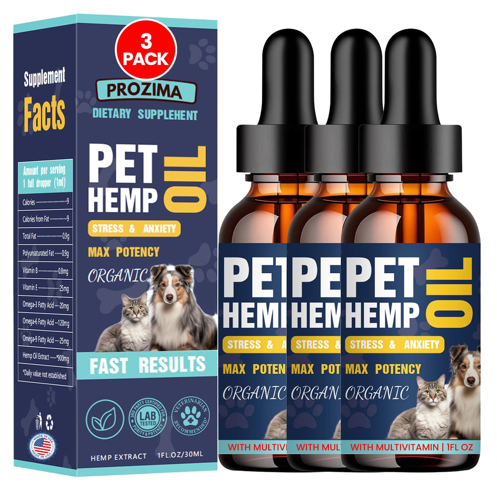 PROZIMA hemp oil for dogs and cats — 3-pack bottle for easy daily dosing and calm support.