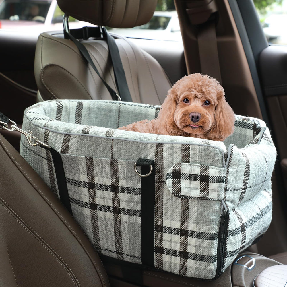 Prpeko small dog car seat grid grey front view promotes secure car travel