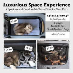 Prutapet carrier with foldable bowls and litter box for travel needs.