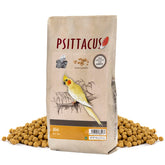 Psittacus Mini pellets packaging showcases premium diet for small parrots.