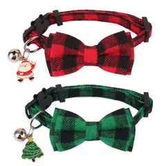 PTDECOR Christmas cat collar with red-green plaid bow ties for festive photo-ready styling.