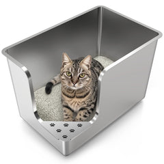 PTFFF stainless steel litter box front view with 14.5 high sides reduces scatter.