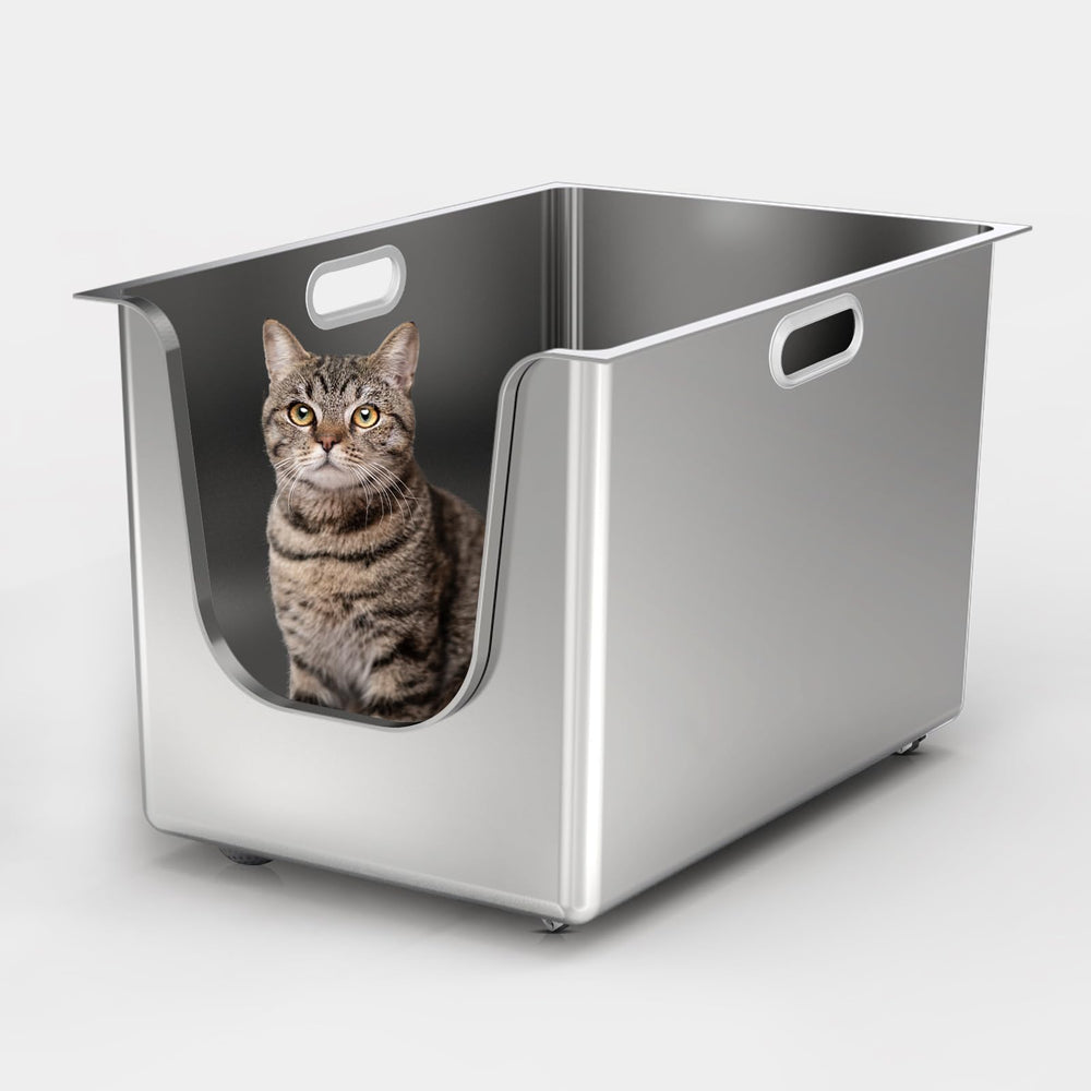 PTFFF stainless steel litter box high-sides close-up shows litter containment and durability.