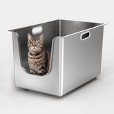 PTFFF stainless steel litter box high-sides close-up shows litter containment and durability.