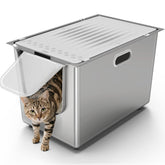 PTFFF stainless steel litter box with lid shows containment and odor control