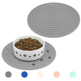 Ptlom pet food mat two-pack gray round edge prevents spills during feeding.