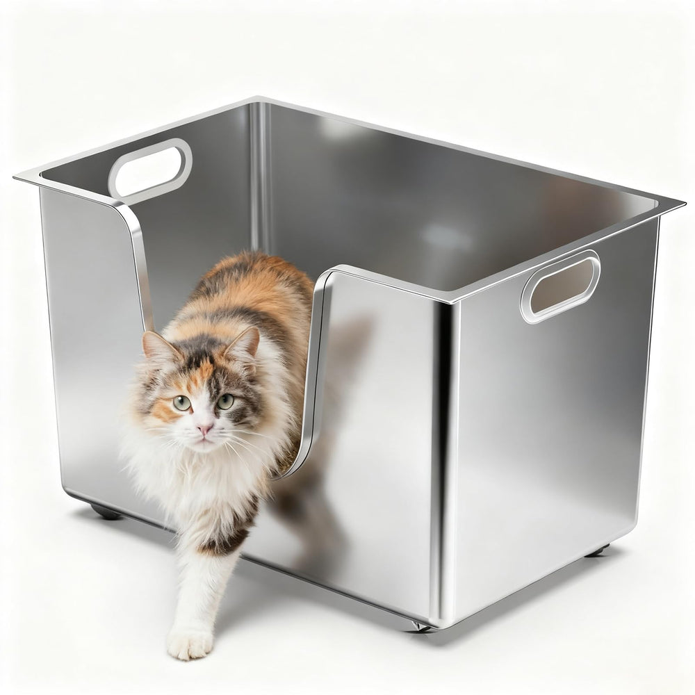 Ptlom stainless steel cat litter box XXL interior offers roomy space for multi-cat households.