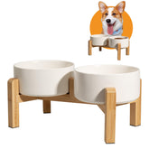 PTOBER elevated ceramic dog bowl set on bamboo stand supports ergonomic feeding.