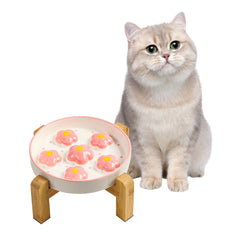 PTOBER elevated slow-feeder bowl with bamboo stand and blush pink flower design supports mindful eating.