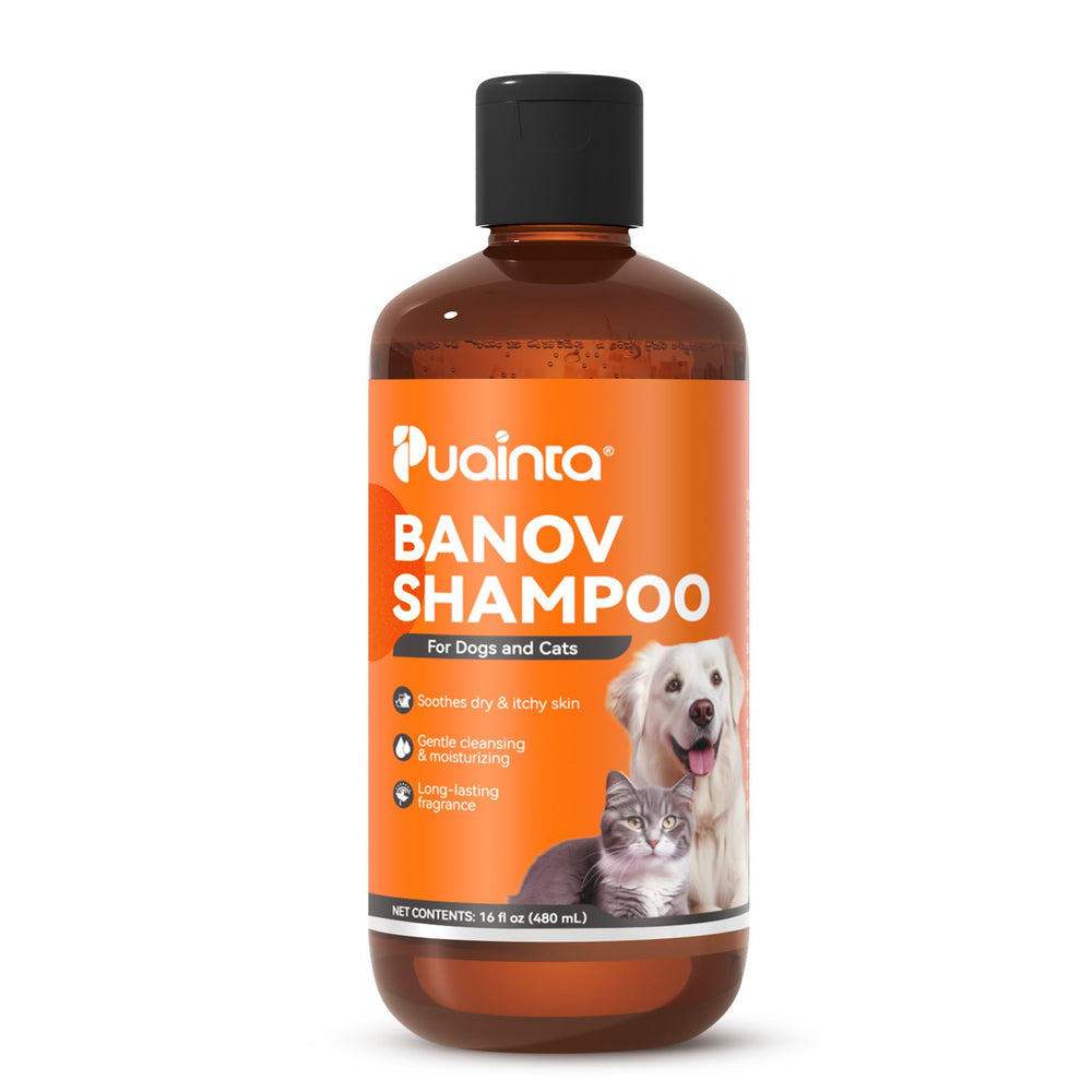 PUAINTA dog shampoo bottle unscented highlights herbal formula for itchy skin relief.