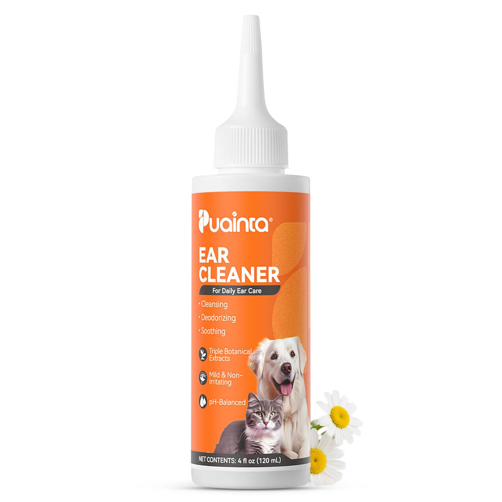 PUAINTA ear cleaner for dog application showing gentle cleansing for pets