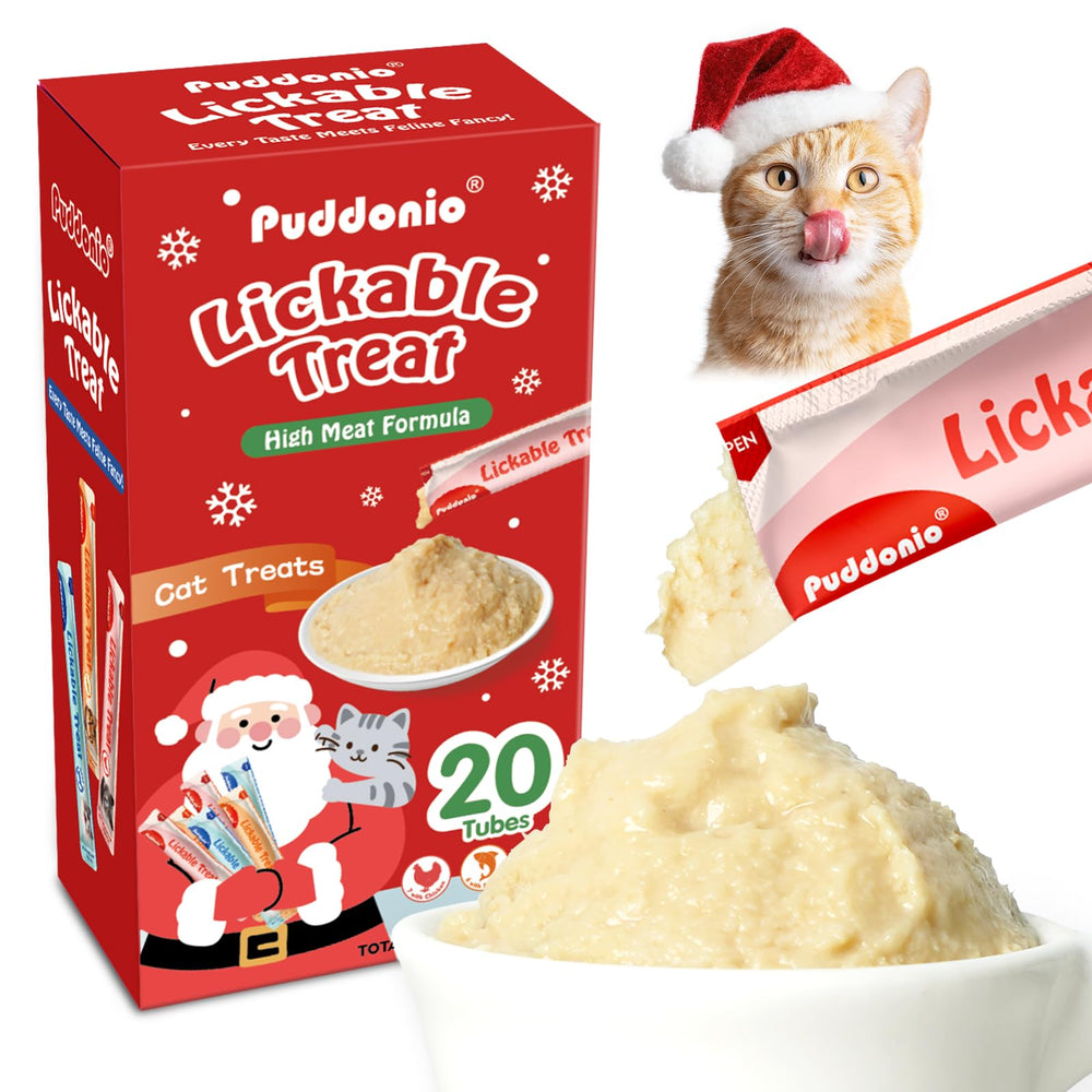 Puddonio Christmas Cat Treats packaging shows 20 tubes for on-the-go cats.