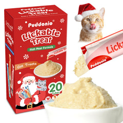 Puddonio Christmas Cat Treats packaging shows 20 tubes for on-the-go cats.