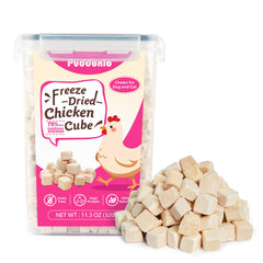 Puddonio freeze-dried chicken breast treats pictured in bag showcase clean single-ingredient nutrition.
