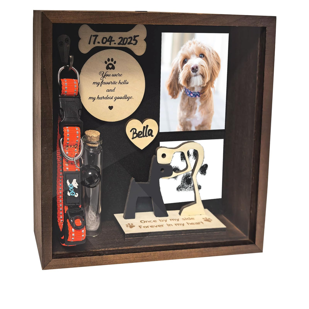 PUDEKO caja sombra memorial para perro, muestra huella y foto para recordar.
