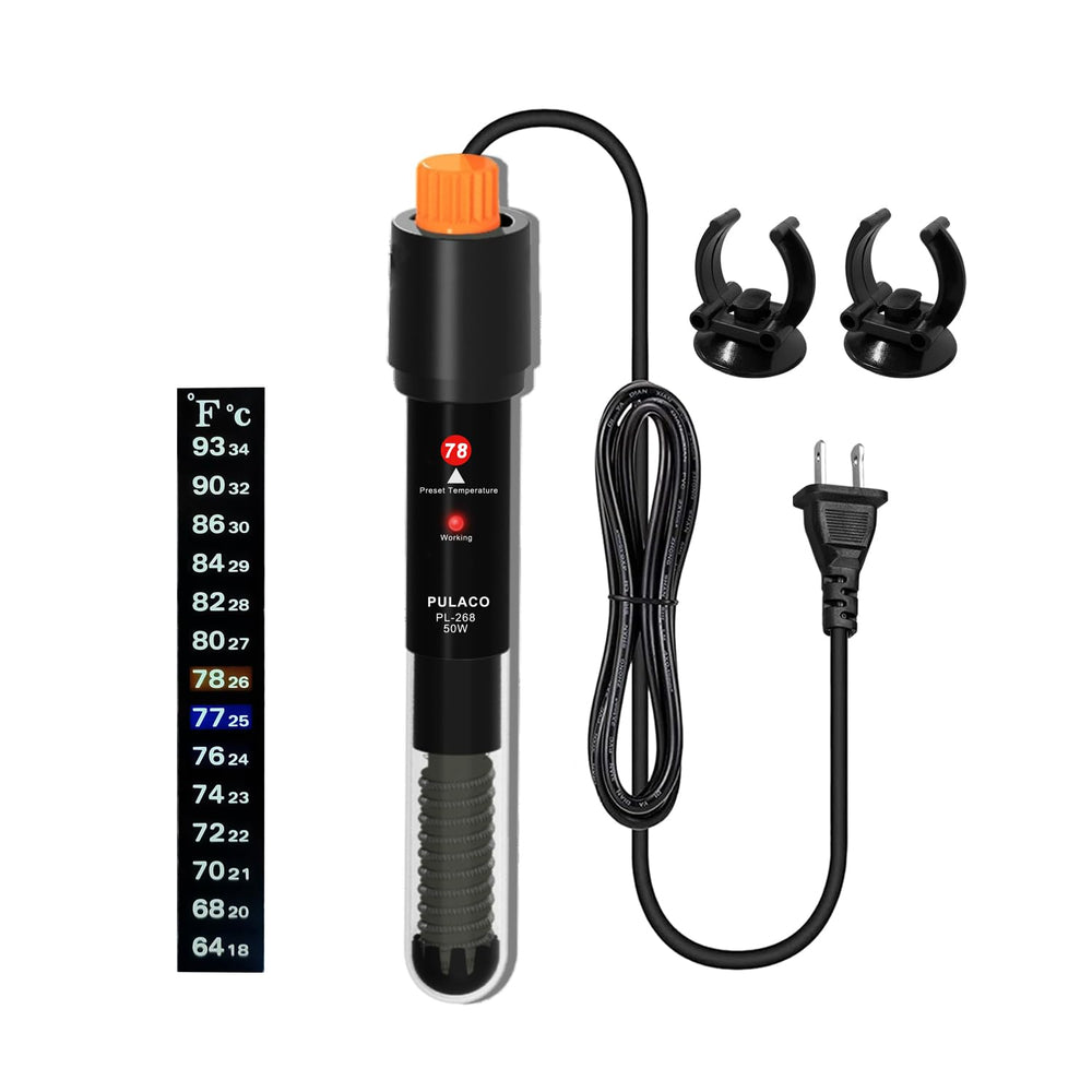 PULACO 50W heater with 7.2-inch length for stable warmth in small tanks.