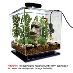 PULACO submersible heater shown vertical or horizontal in a 1–6 gallon tank.