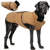 PUMYPOREITY warm dog jacket front view shows light padding for easy, unrestricted movement.