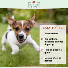 Punkin Butt teething oil bottle highlights safe packaging and labeling.