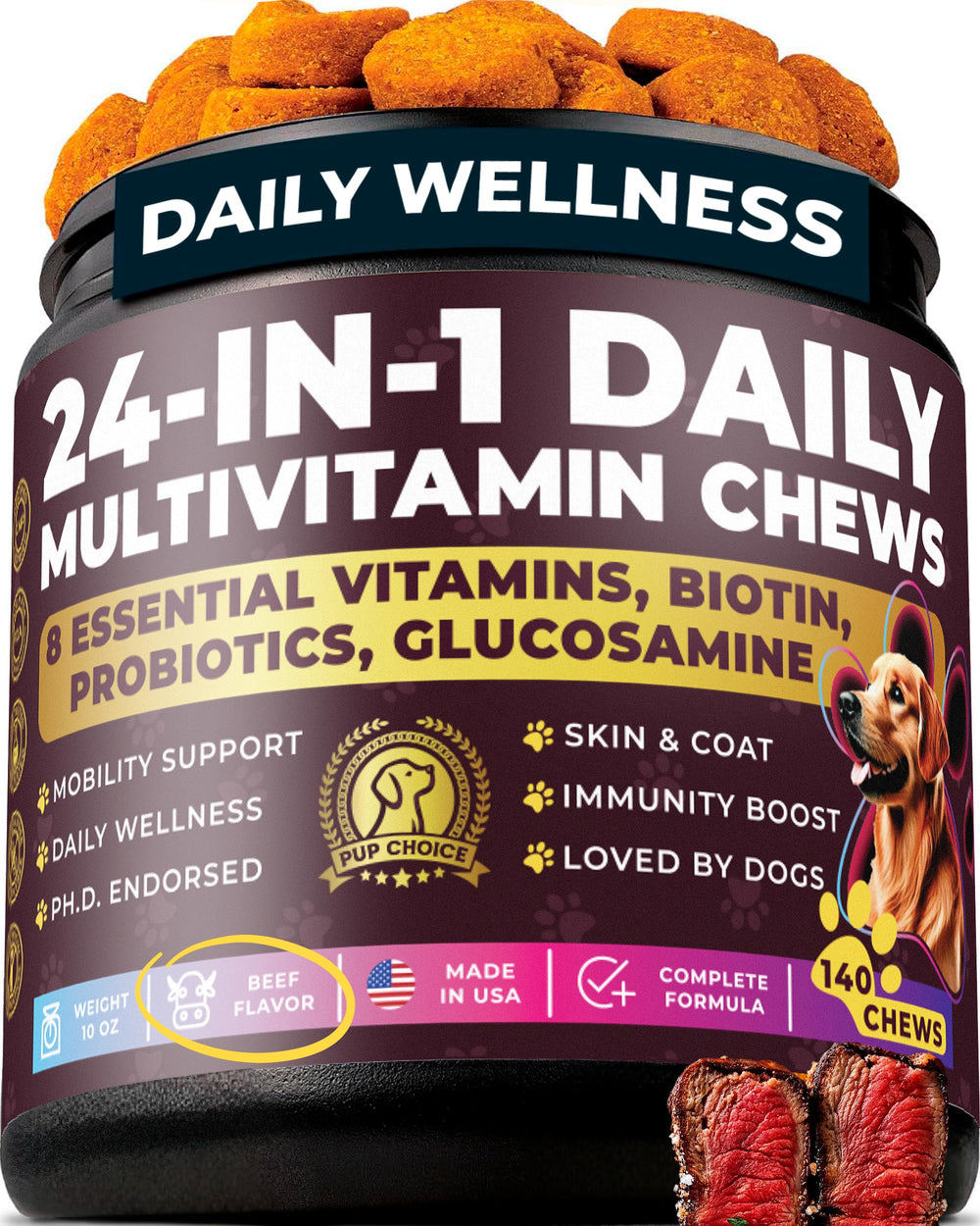 Pup Choice 24-in-1 packaging with beef-flavor chews for daily wellness