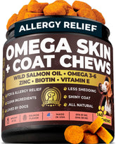 Pup Choice Omega-3-6 dog chews packaging highlighting vet-backed formula for skin and coat care.