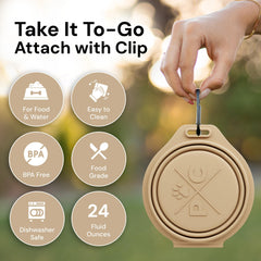 Pup Culture bowls clipped to a backpack on the trail for easy access