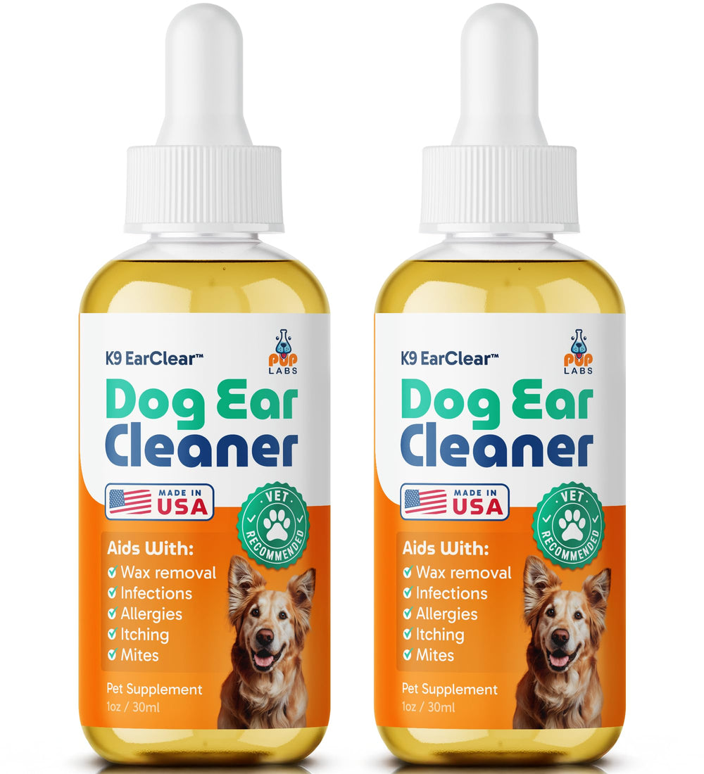 Pup Labs Ear Clear bottle closeup highlights natural dog ear cleaner for gentle care.