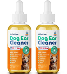 Pup Labs Ear Clear bottle closeup highlights natural dog ear cleaner for gentle care.