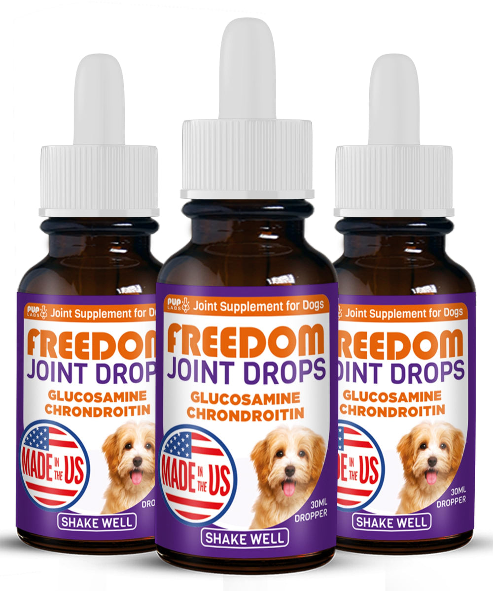 Pup Labs Freedom Joint Drops bottle emphasizes human-grade formula for joint support.