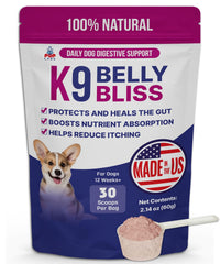 Pup Labs K9 Belly Bliss packaging with scoop for easy daily dosing.