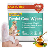 PUP PAW Premium dog teeth wipes packaging shows all-natural ingredients for gentle care.